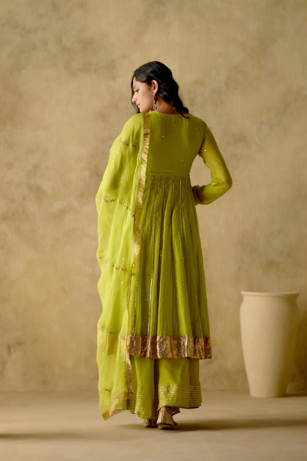 Amber - Neon Green Embroidered Front Open Anarkali With Sharara And Dupatta - Set Of 3