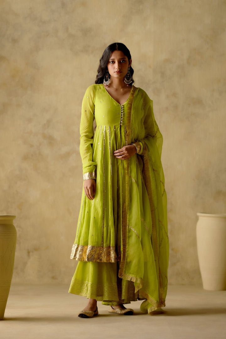 Amber - Neon Green Embroidered Front Open Anarkali With Sharara And Dupatta - Set Of 3