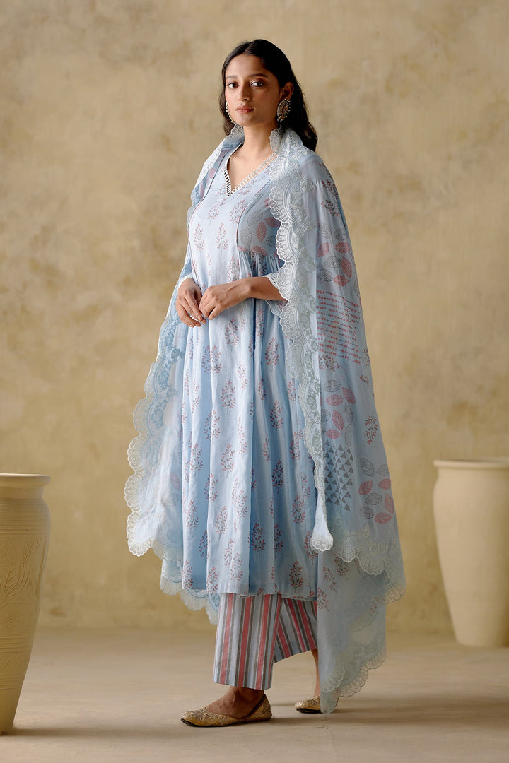 Naaz - Sky Blue Pleated Kurta With Palazzo And Dupatta - Set Of 3