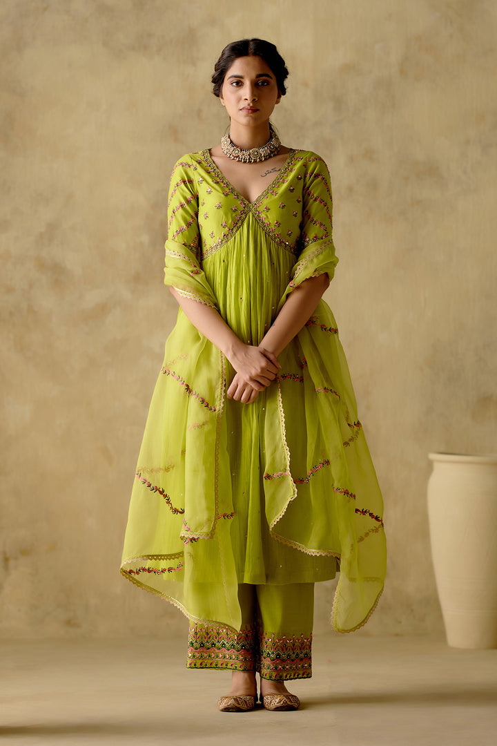 Amber - Neon Green Embroidered Anarkali Set - Set Of 3