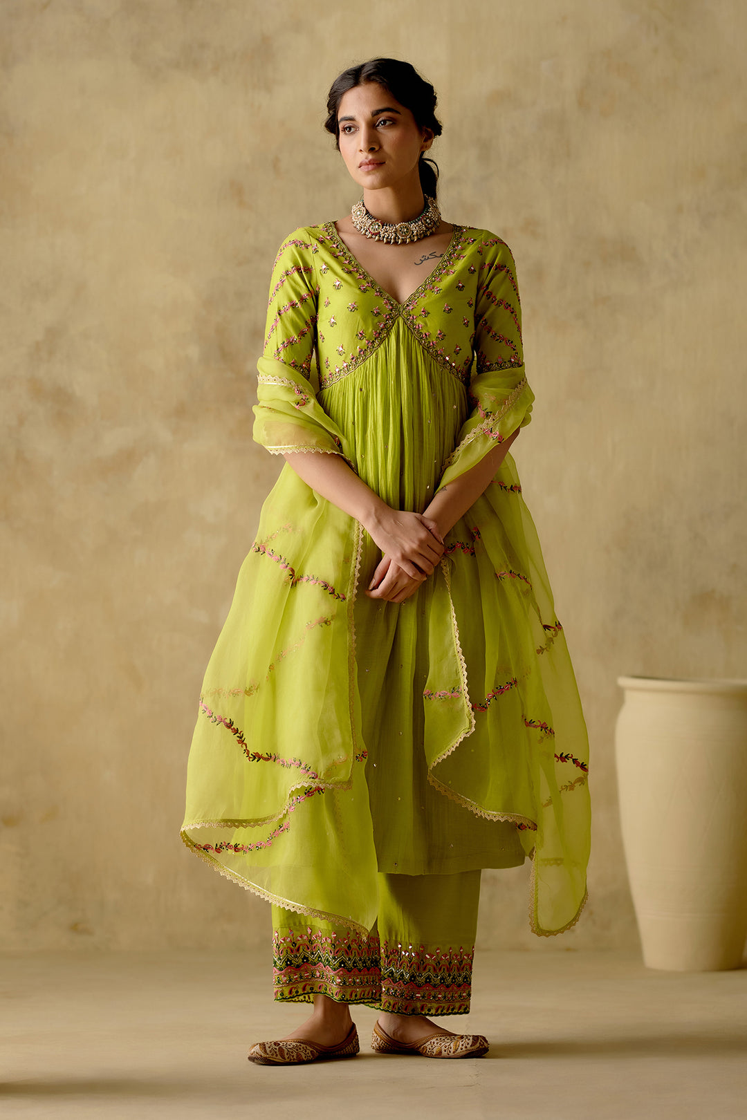 Amber - Neon Green Embroidered Anarkali Set - Set Of 3