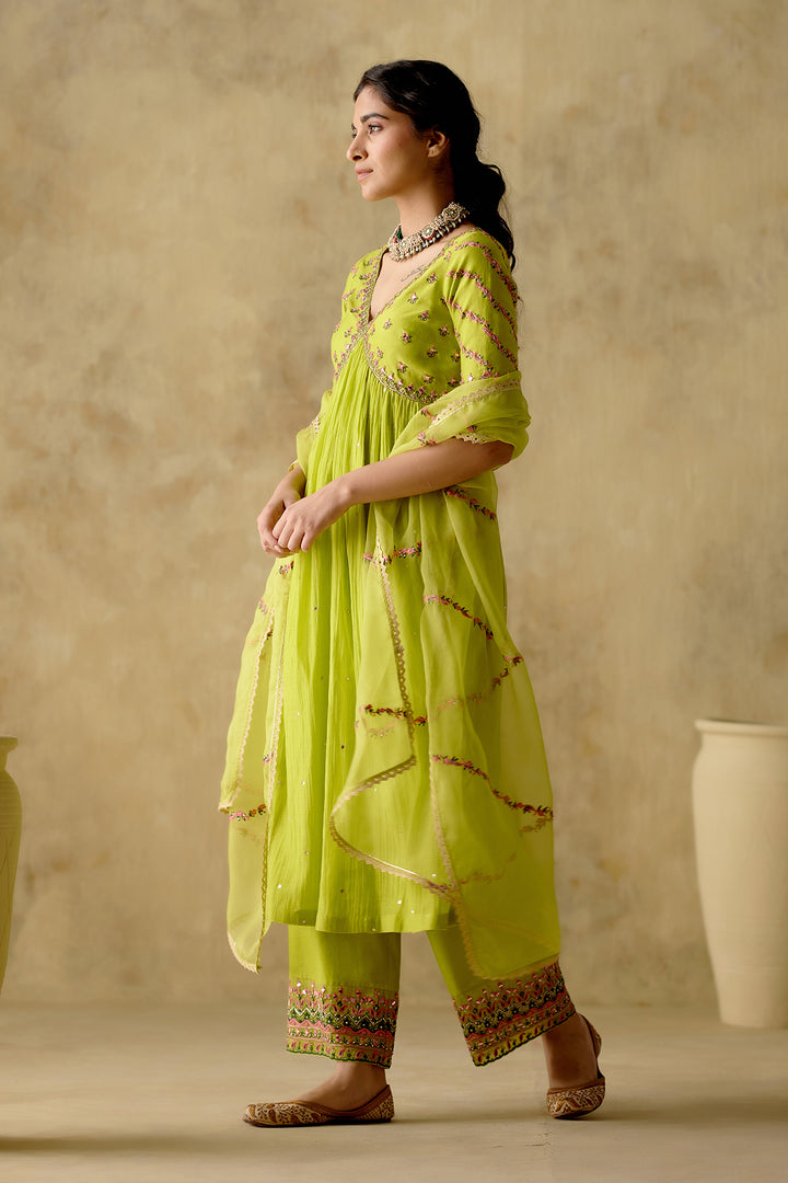 Amber - Neon Green Embroidered Anarkali Set - Set Of 3