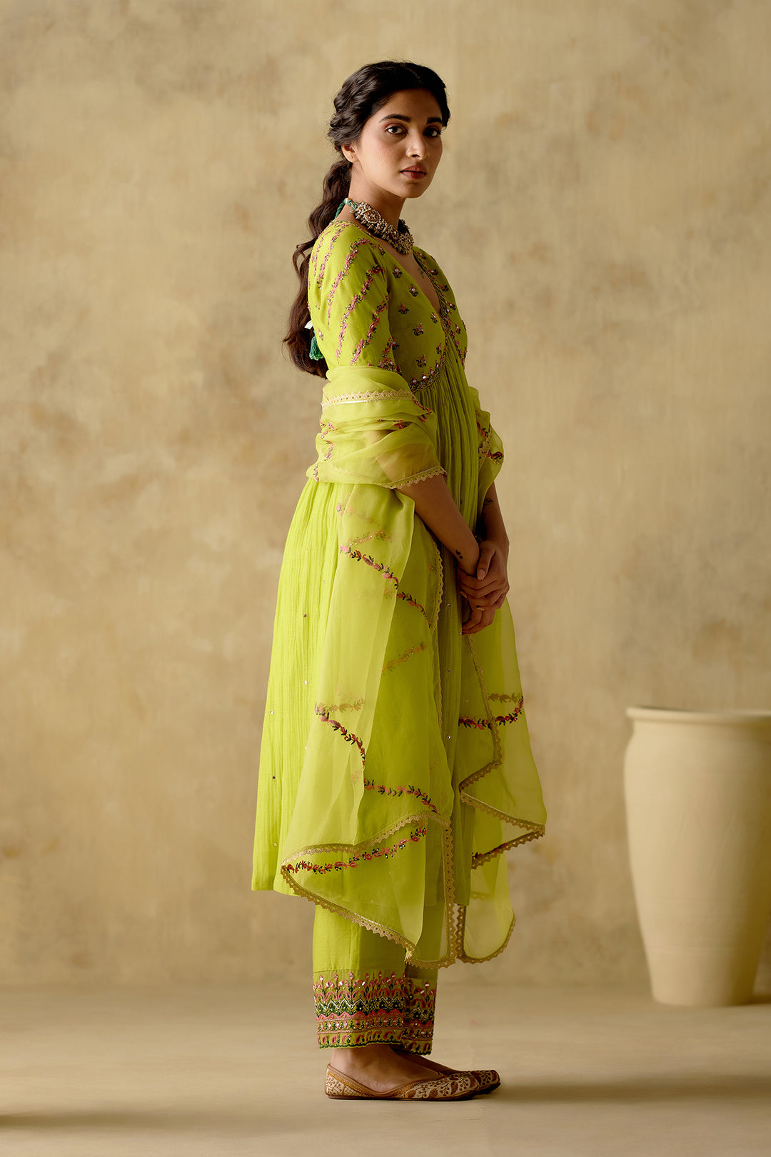 Amber - Neon Green Embroidered Anarkali Set - Set Of 3