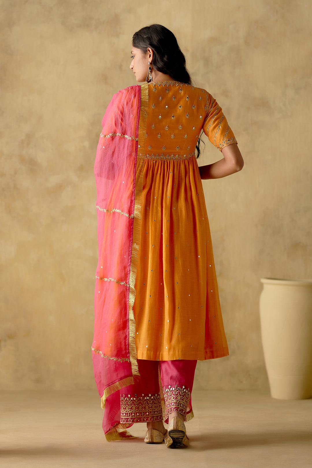 Amber - Tangerine Embroidered Anarkali Set - Set Of 3