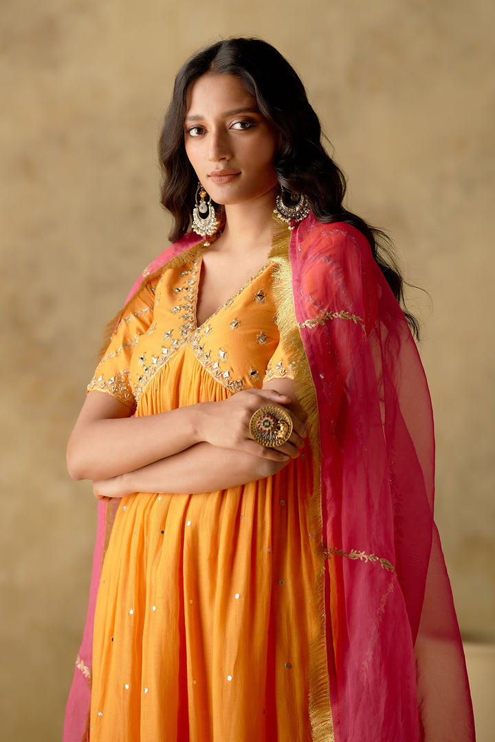 Amber - Tangerine Embroidered Anarkali Set - Set Of 3