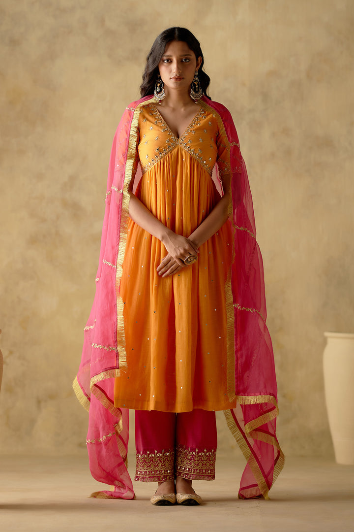 Amber - Tangerine Embroidered Anarkali Set - Set Of 3