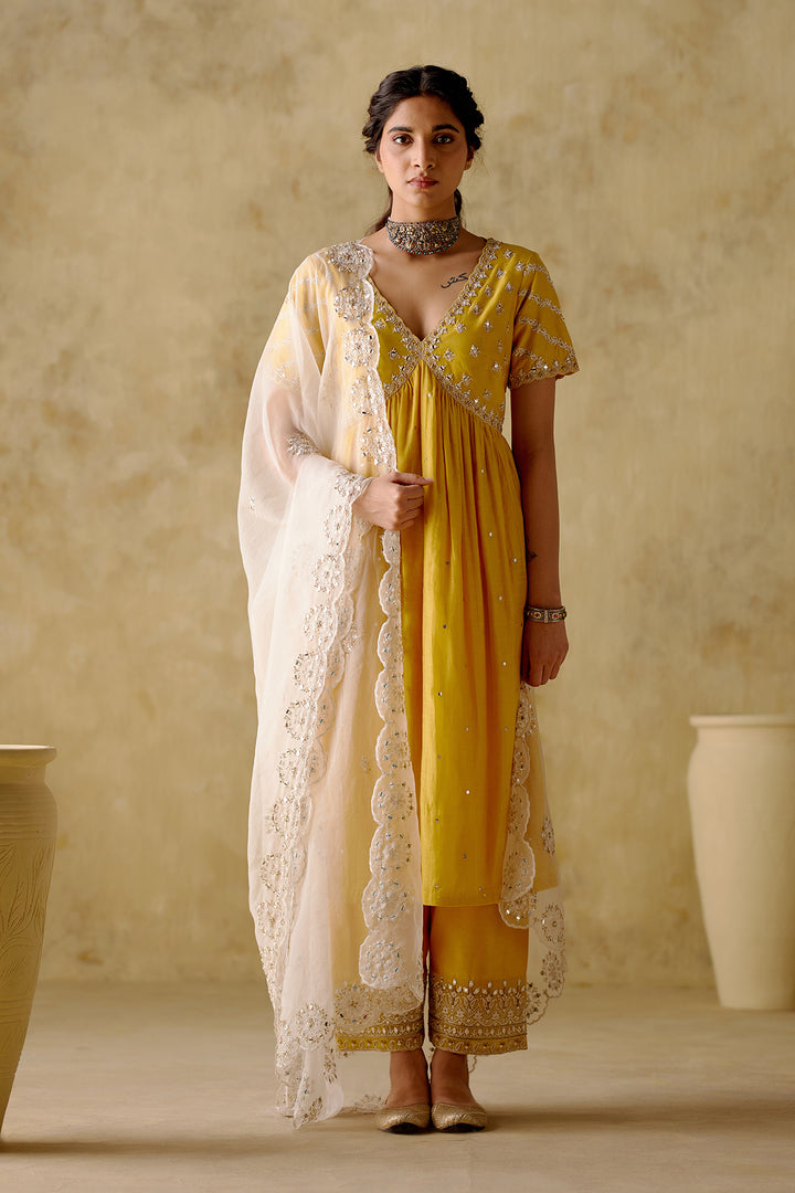 Amber - Yellow Embroidered Anarkali Set - Set Of 3