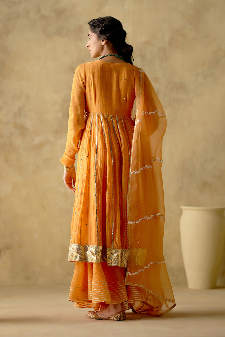 Amber - Tangerine Embroidered Front Open Anarkali With Sharara And Dupatta - Set Of 3