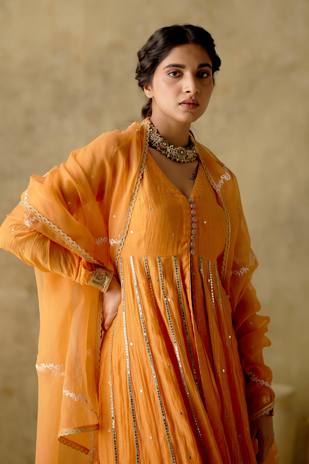 Amber - Tangerine Embroidered Front Open Anarkali With Sharara And Dupatta - Set Of 3