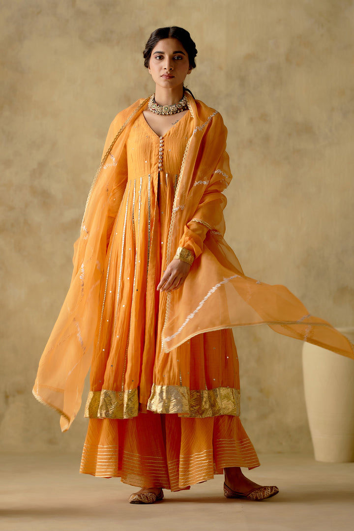 Amber - Tangerine Embroidered Front Open Anarkali With Sharara And Dupatta - Set Of 3