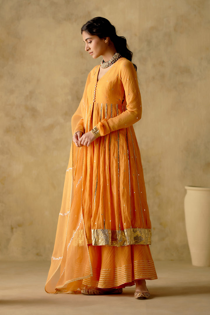 Amber - Tangerine Embroidered Front Open Anarkali With Sharara And Dupatta - Set Of 3