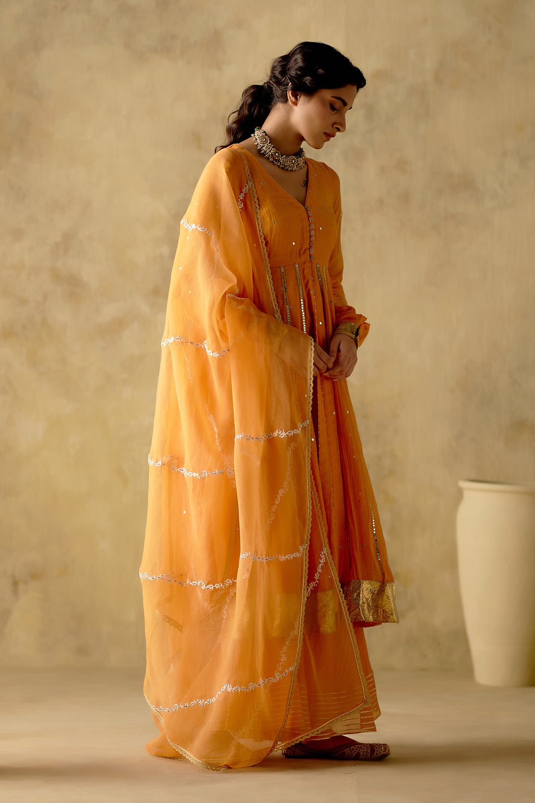 Amber - Tangerine Embroidered Front Open Anarkali With Sharara And Dupatta - Set Of 3