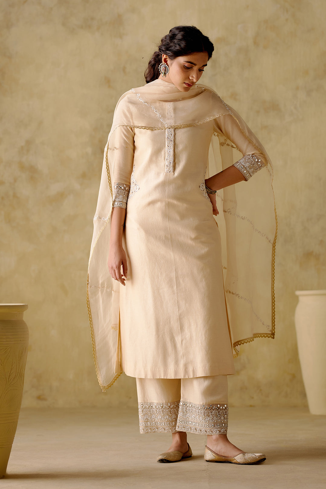 Amber - Beige Embroidered Kurta Set - Set Of 3