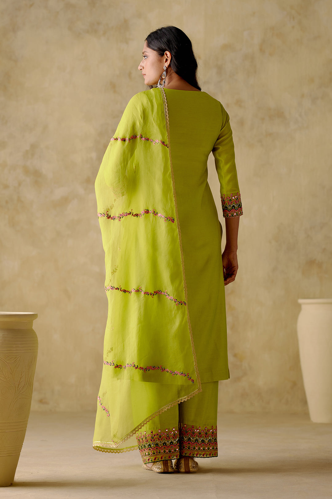 Amber - Neon Green Embroidered Kurta Set - Set Of 3