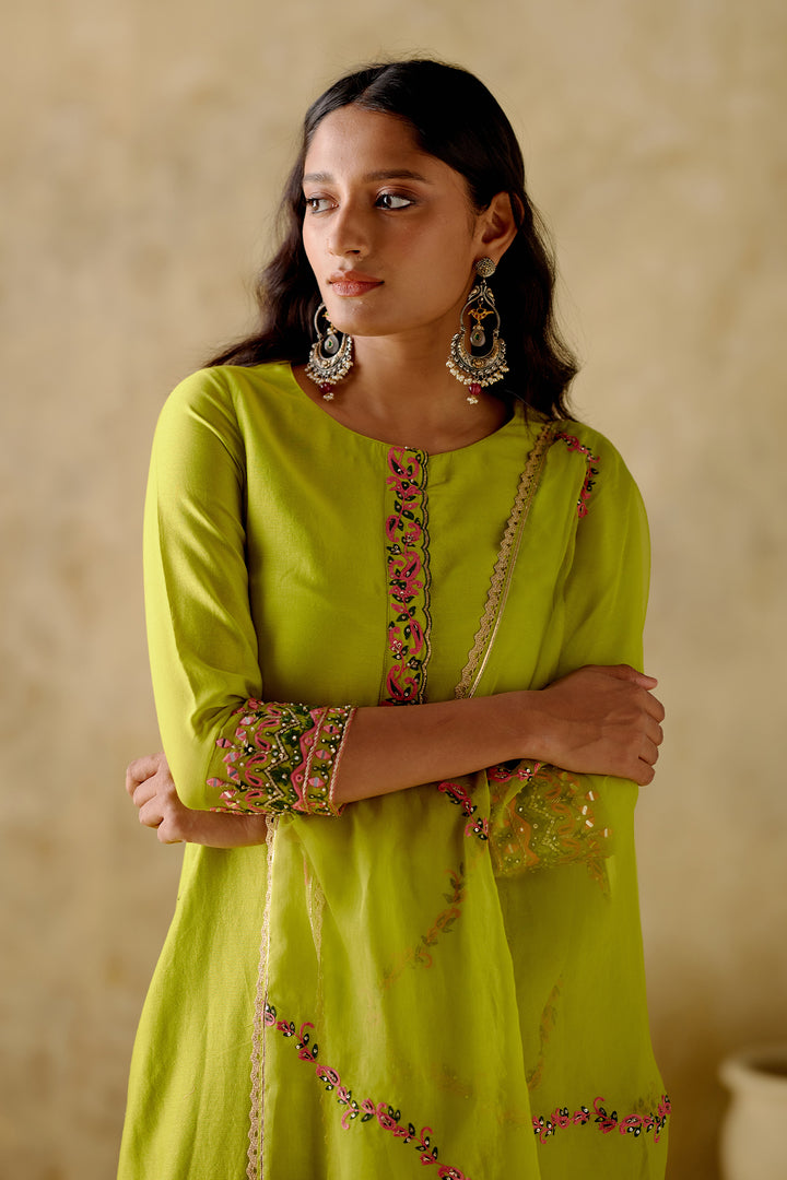 Amber - Neon Green Embroidered Kurta Set - Set Of 3