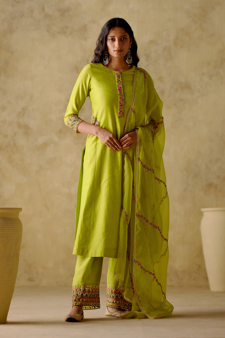 Amber - Neon Green Embroidered Kurta Set - Set Of 3