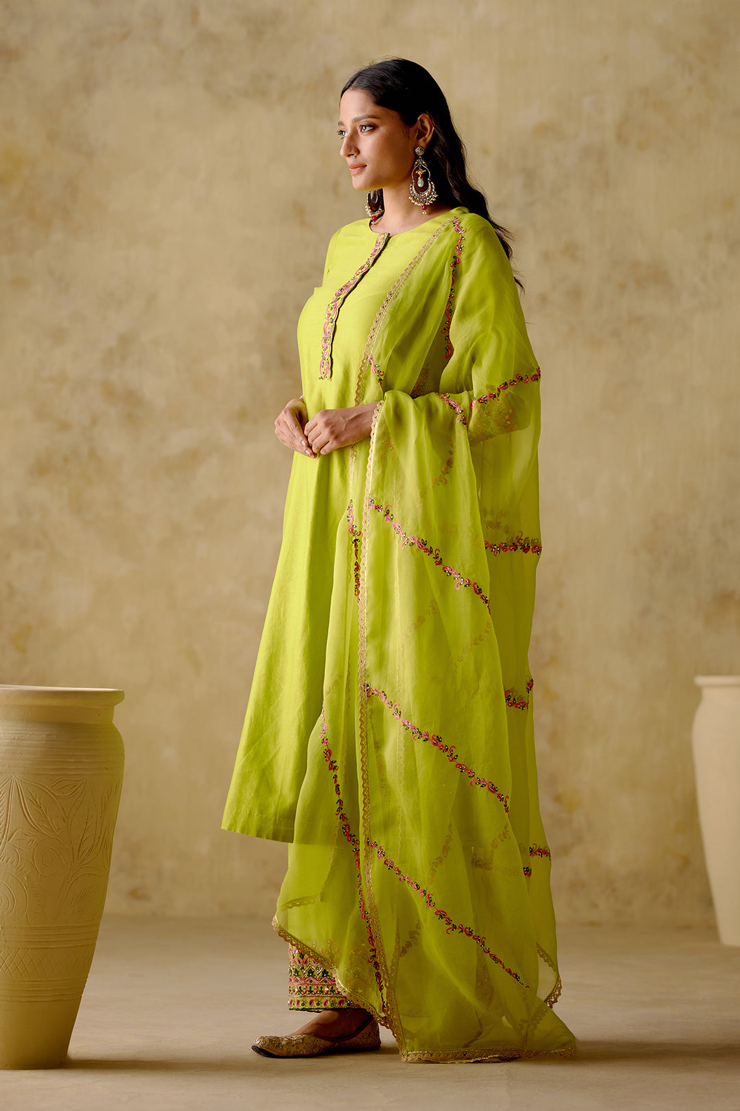 Amber - Neon Green Embroidered Kurta Set - Set Of 3