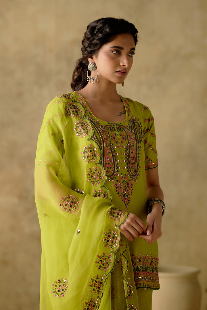 Amber - Neon Green Embroidered Garara Set - Set Of 3