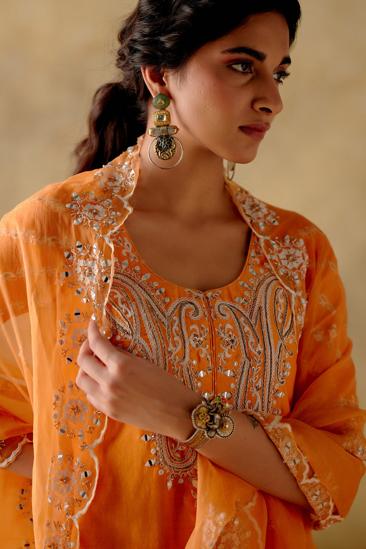 Amber - Tangerine Embroidered Garara Set - Set Of 3