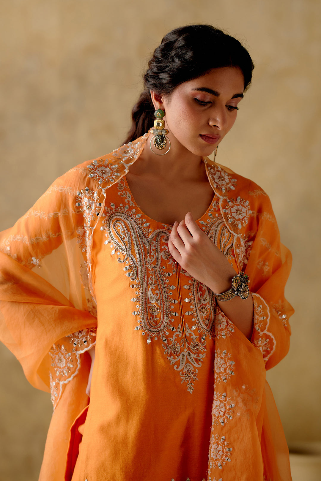 Amber - Tangerine Embroidered Garara Set - Set Of 3