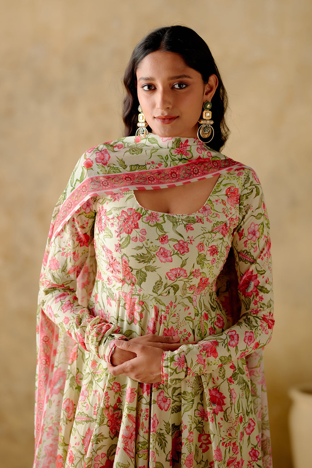 Gul - Green Floral Printed Anarkali Set - Set Of 3