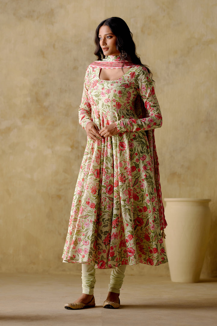 Gul - Green Floral Printed Anarkali Set - Set Of 3