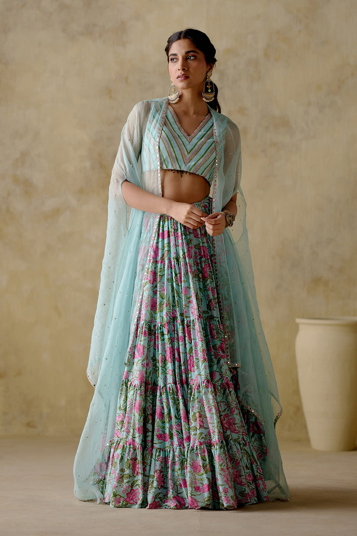 Gul - Sky Blue Floral Printed Lehenga Set With Cape - Set Of 3