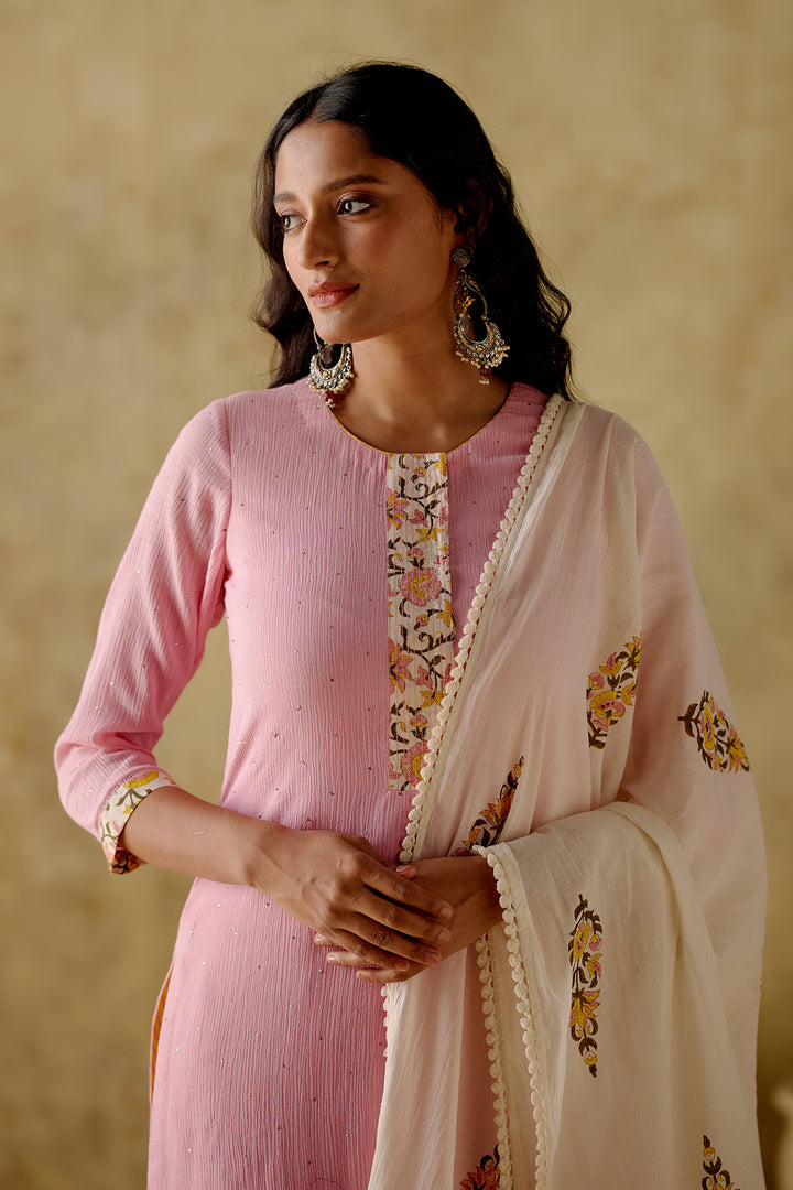 Naaz - Pink Solid Mukaish Kurta With Palazzo And Dupatta - Set Of 3