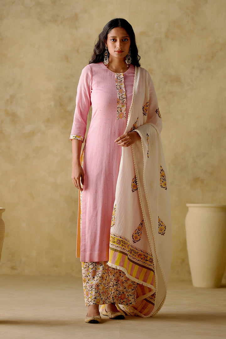 Naaz - Pink Solid Mukaish Kurta With Palazzo And Dupatta - Set Of 3