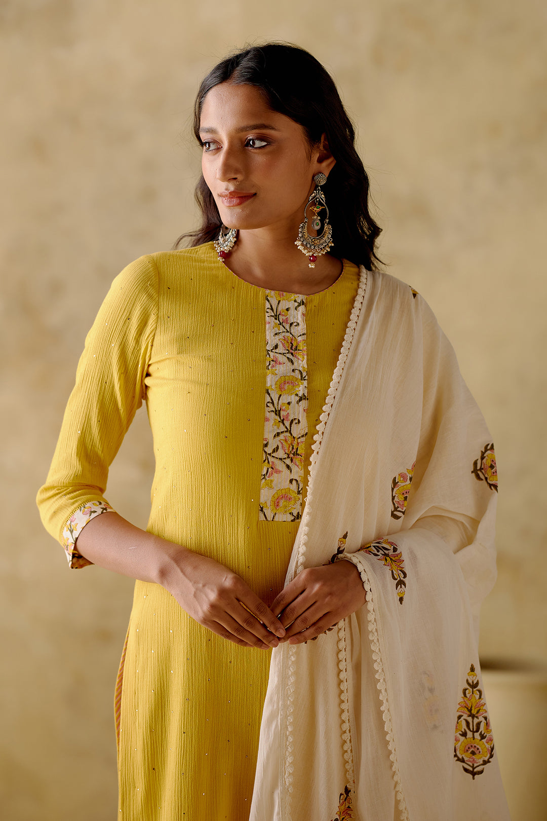 Naaz - Yellow Solid Mukaish Kurta With Palazzo And Dupatta - Set Of 3