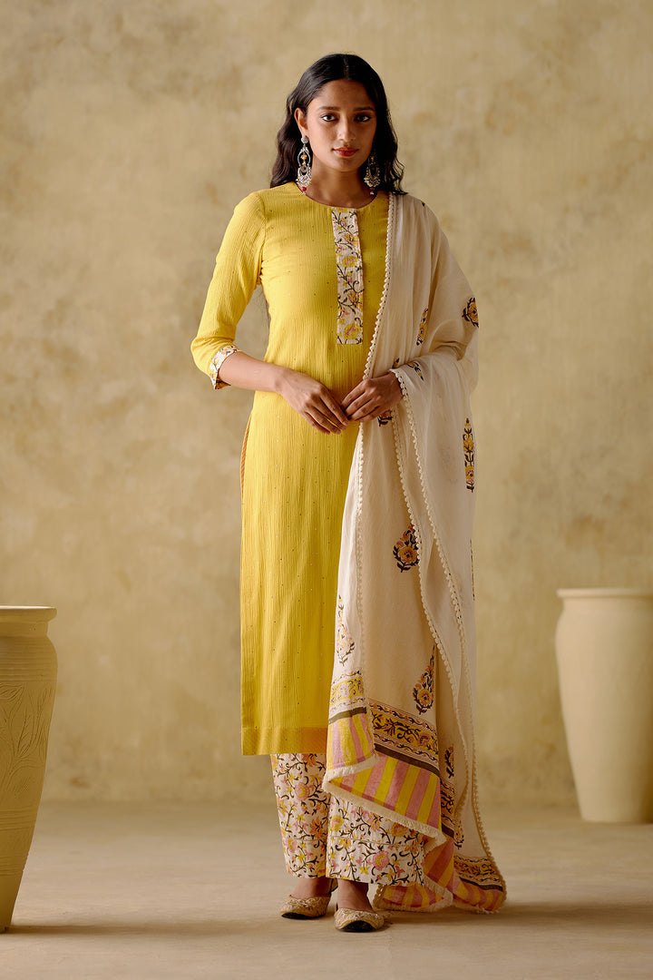 Naaz - Yellow Solid Mukaish Kurta With Palazzo And Dupatta - Set Of 3