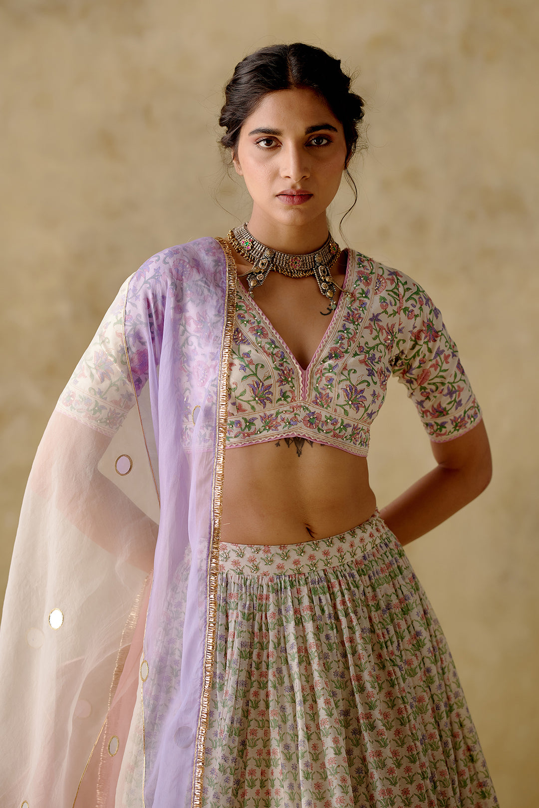 Naaz - Lilac/ Pink Block Printed Lehenga Set - Set Of 3