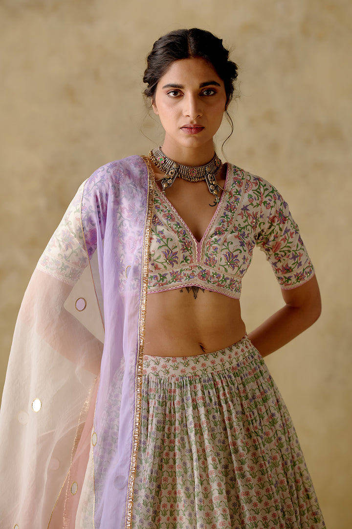 Naaz - Lilac/ Pink Block Printed Lehenga Set - Set Of 3