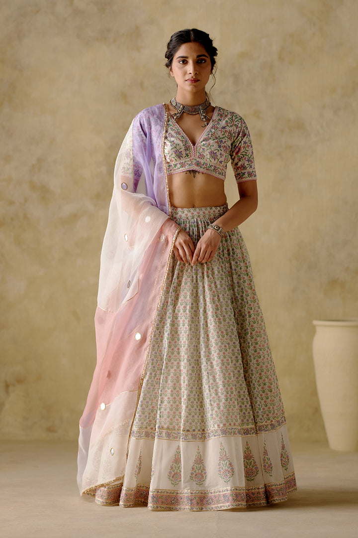 Naaz - Lilac/ Pink Block Printed Lehenga Set - Set Of 3