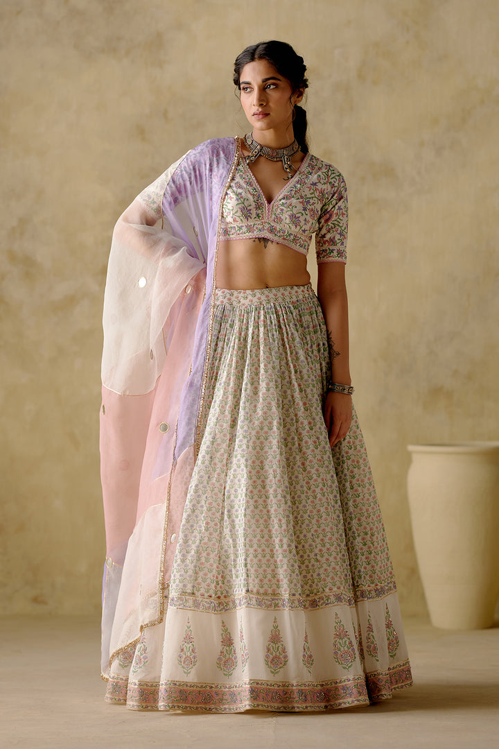 Naaz - Lilac/ Pink Block Printed Lehenga Set - Set Of 3