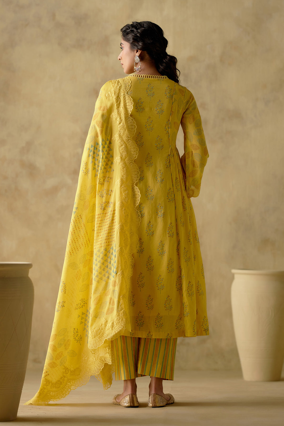 Naaz - Yellow Pleated Kurta With Palazzo And Dupatta - Set Of 3