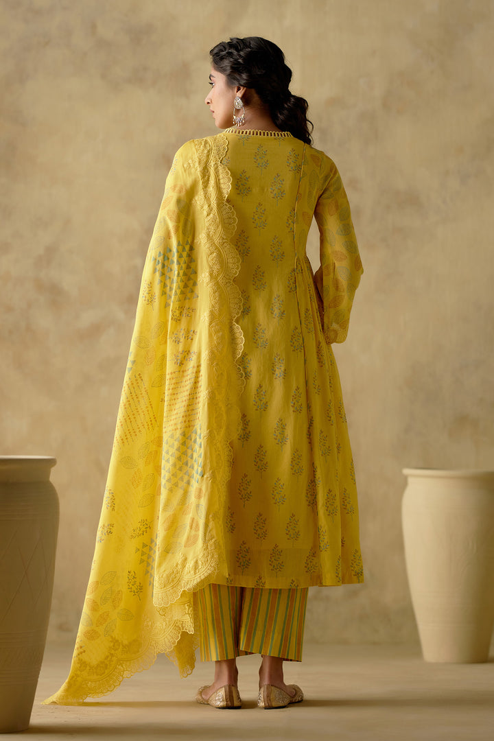 Naaz - Yellow Pleated Kurta With Palazzo And Dupatta - Set Of 3