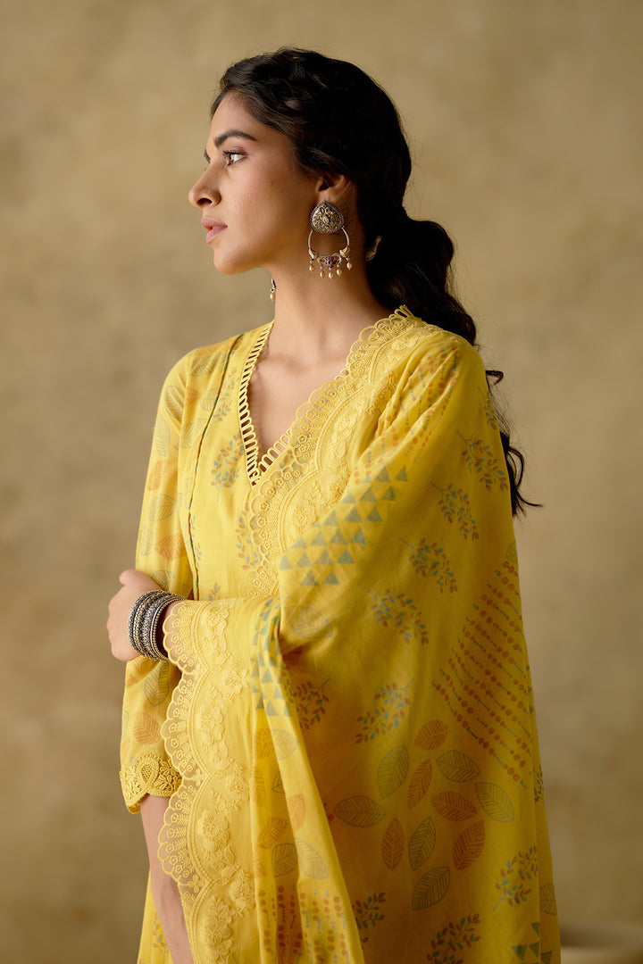 Naaz - Yellow Pleated Kurta With Palazzo And Dupatta - Set Of 3