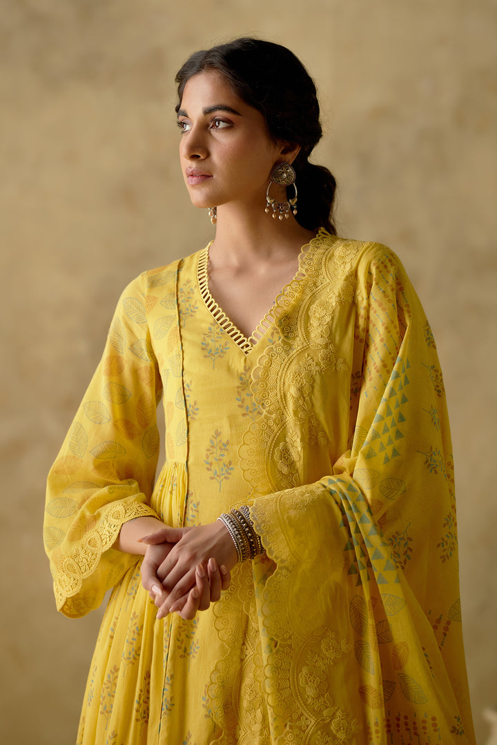 Naaz - Yellow Pleated Kurta With Palazzo And Dupatta - Set Of 3