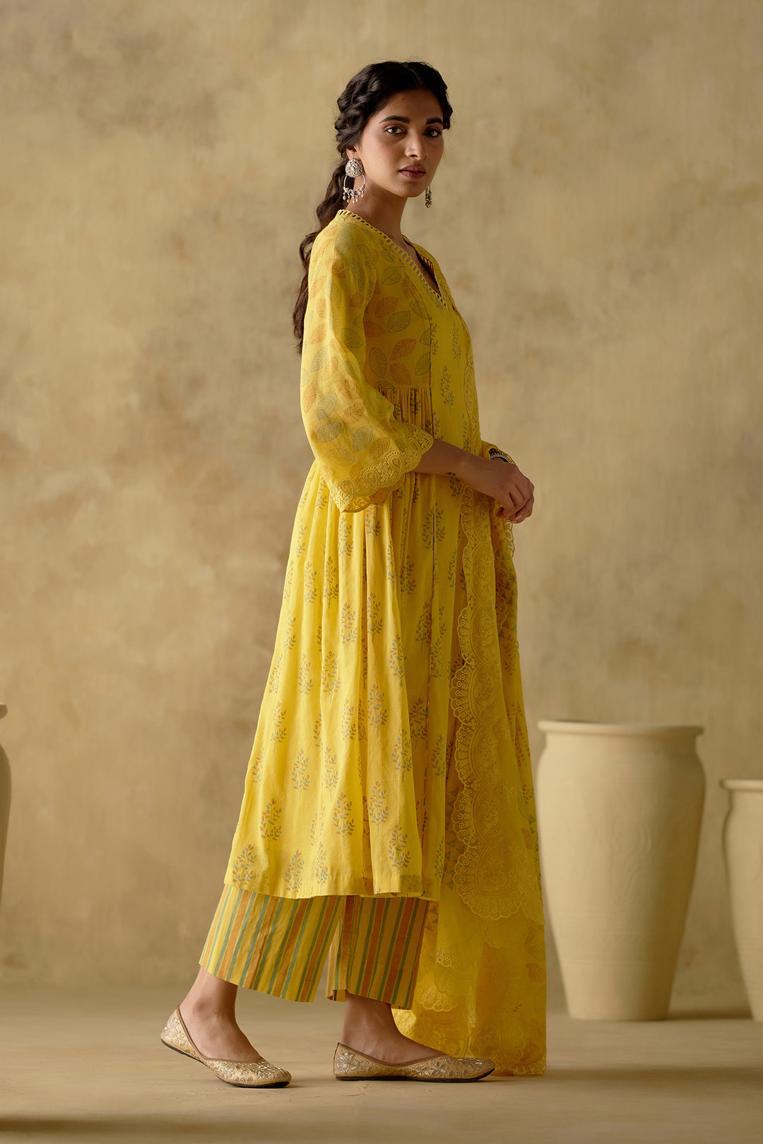 Naaz - Yellow Pleated Kurta With Palazzo And Dupatta - Set Of 3