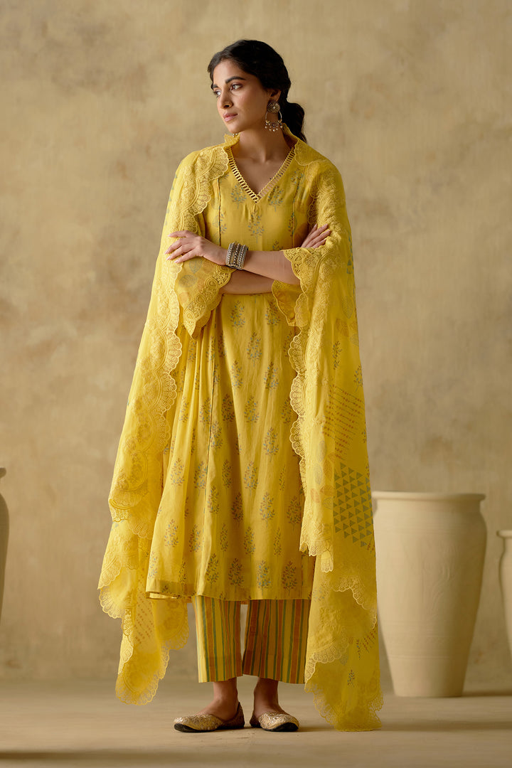 Naaz - Yellow Pleated Kurta With Palazzo And Dupatta - Set Of 3